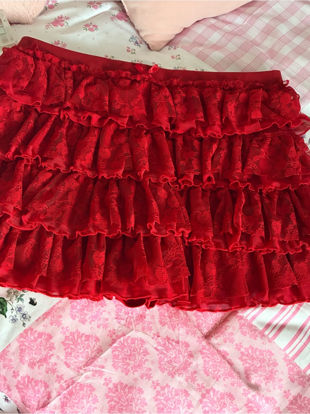 Red Ruffled Lace Mini Skirt - Women